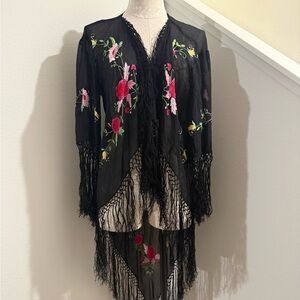 Vintage Witchy Boho Black 100% Silk Embroidered Floral Kimono Shawl Fringe large